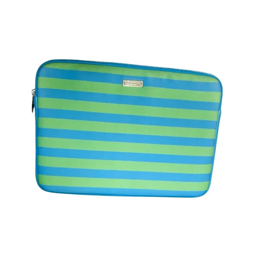 Kate Spade Blue and Green Striped Zippered ipad Tablet Laptop Bag 13.5